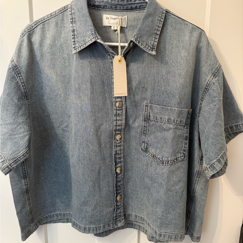 By Together Light Blue Cropped Denim Button-Up Shirt